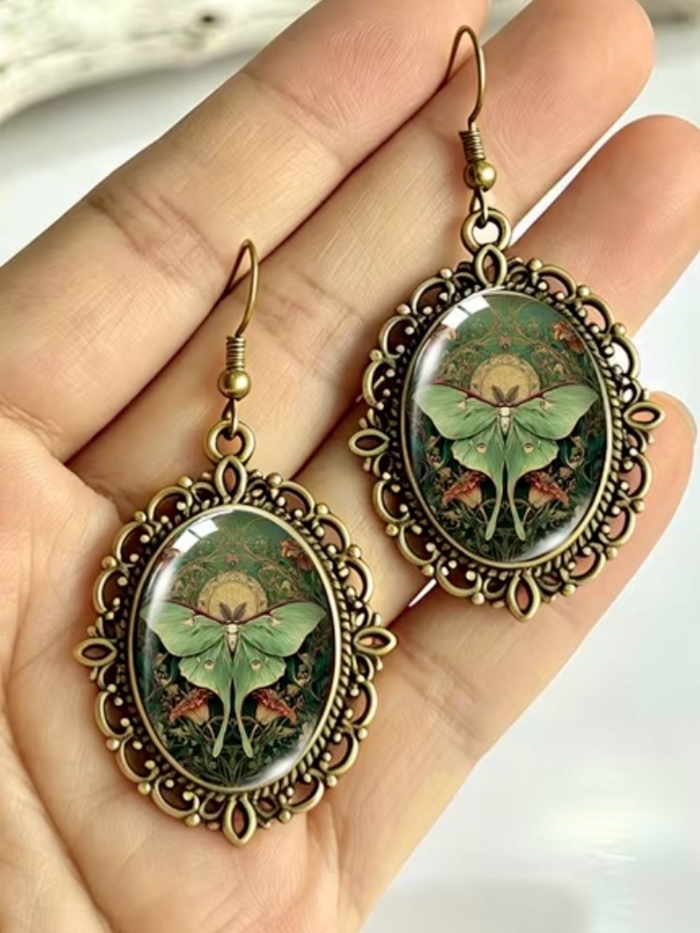 Vintage-Style Green Luna Moth Drop with Magical Forest Background 2.25” drop